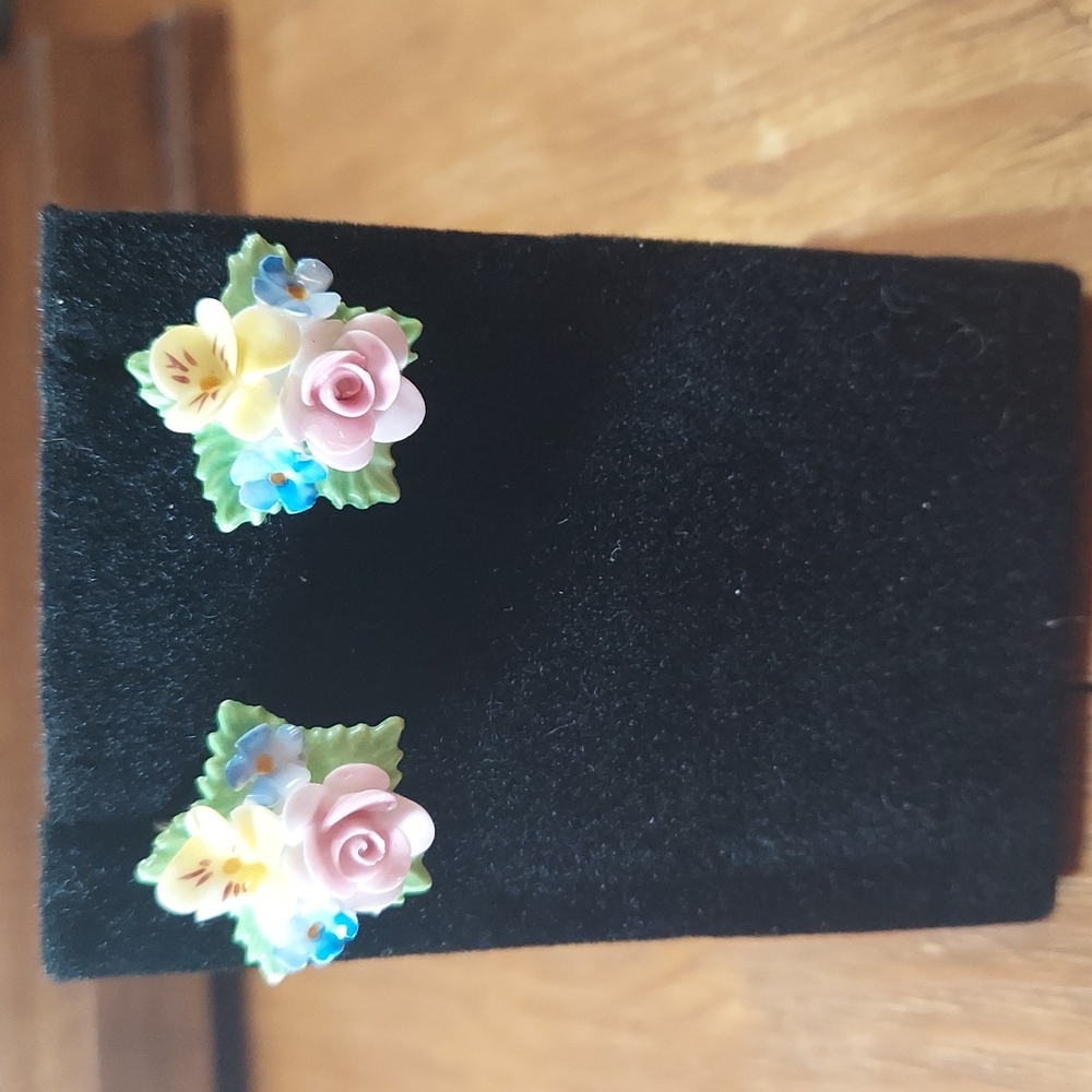 Antique Denton England Floral Cluster Fine Porcelain Screw Back Earrings